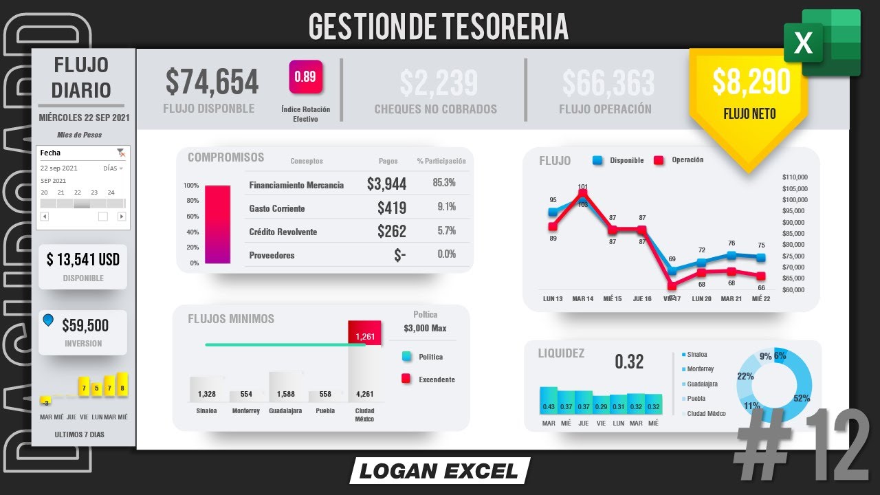 💵 Dashboard de Gestión de Tesoreria en Excel, dashboard de flujos diarios,  flujo de caja