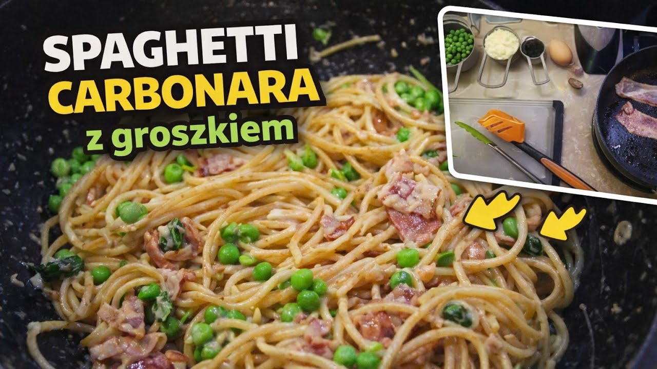 Spaghetti carbonara z groszkiem i boczkiem | MajkelGotuje