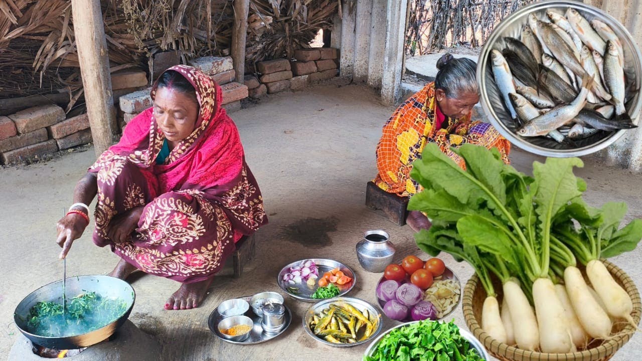 SMALL FISH CURRY And MULO SHAK VAJI cooking &eating by tribe village grandma. 