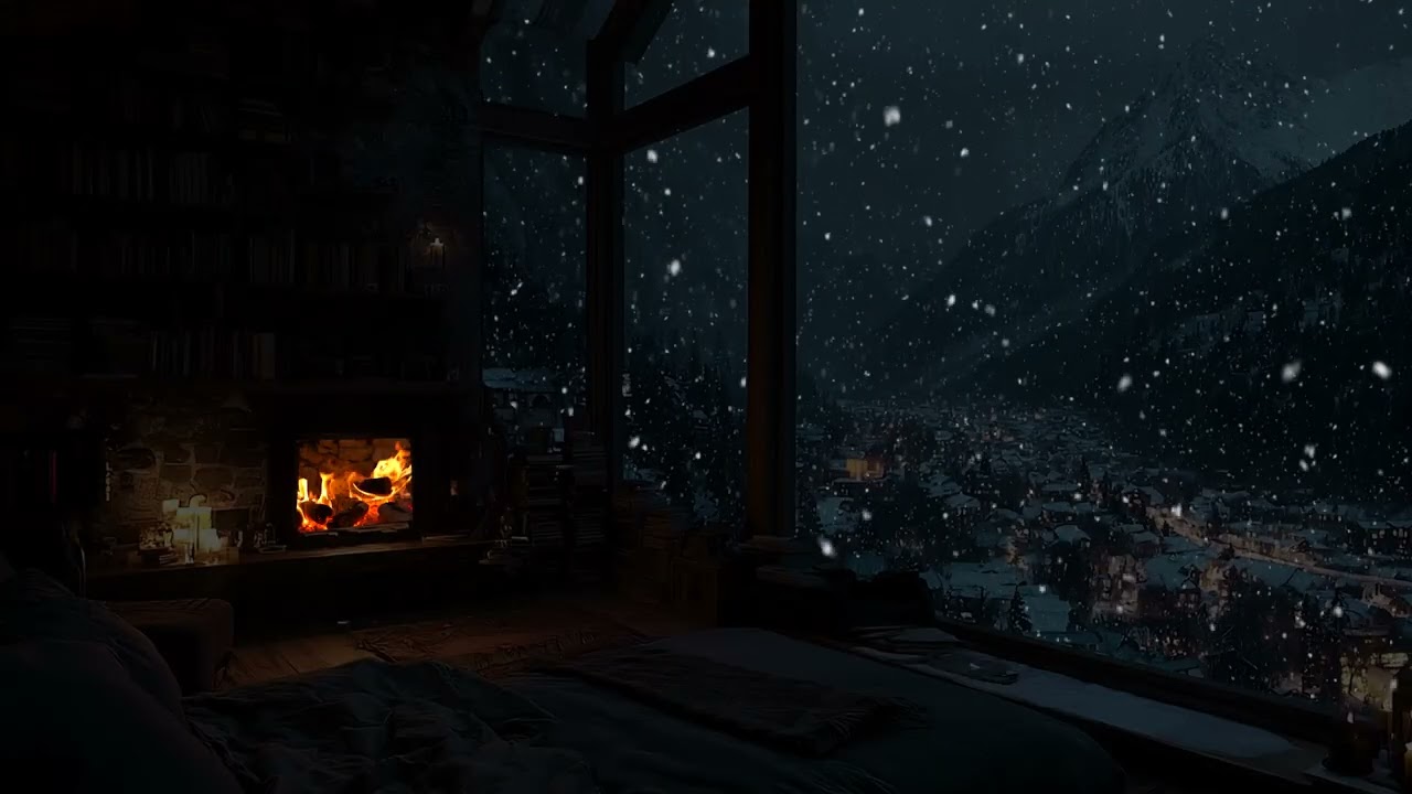 Cozy Fireplace & Gentle Piano  Snowfall Holiday Night for Relaxation & Sleep