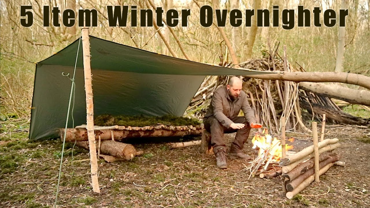 5 Item Winter Overnighter - Moss Raised Bed, Tarp Shelter