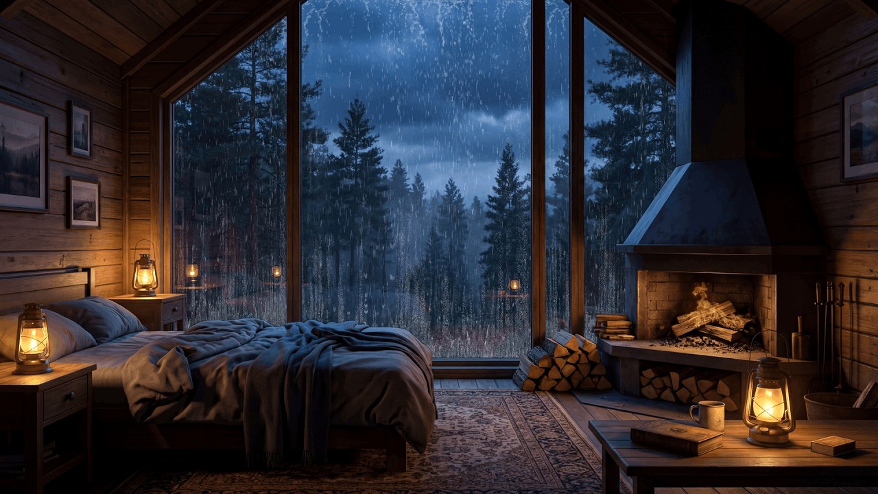 🔴 Rain Sounds & Crackling Fireplace | Cozy Cabin Bedroom Window View | Deep Sleep 24/7