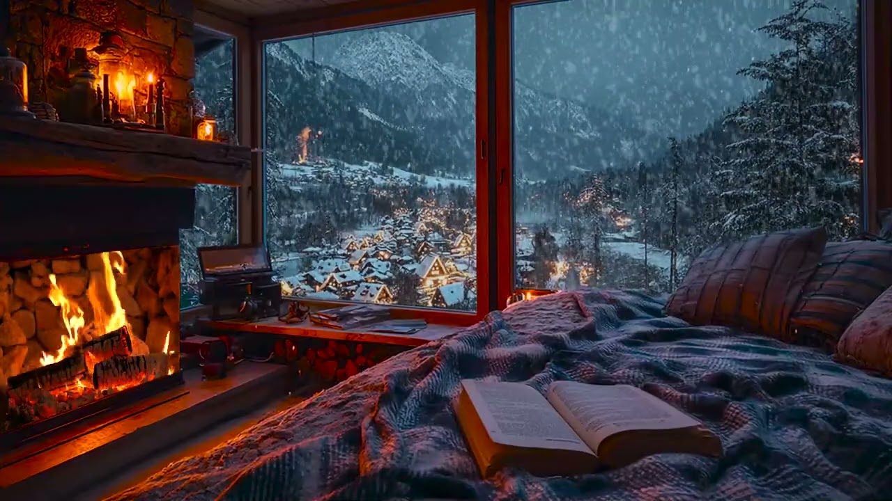 Snowy Mountain Cabin Retreat with Warm Fire Crackles for Restful Sleep, Deep Rest and Study Nights
