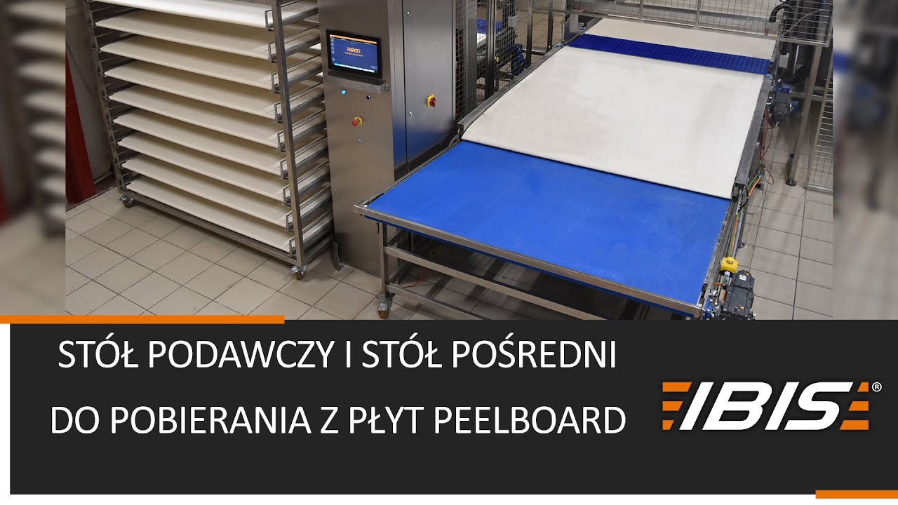 Stół podawczy i stół pośredni do pobierania z płyt peelboard - system załadunku i rozładunku pieca
