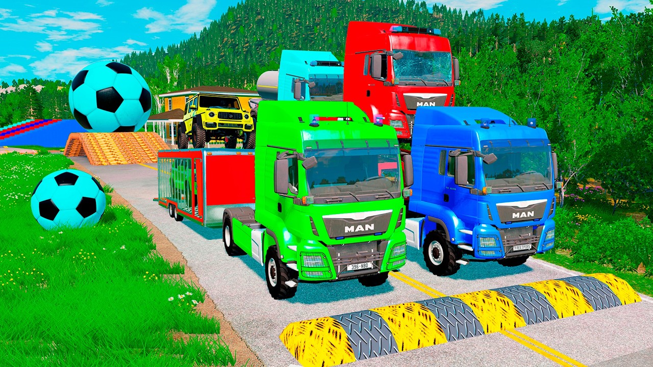 Triple Flatbed Trailer McQueen Transportation with Truck - Speedbumps vs Cars vs Train - BeamNG 0133