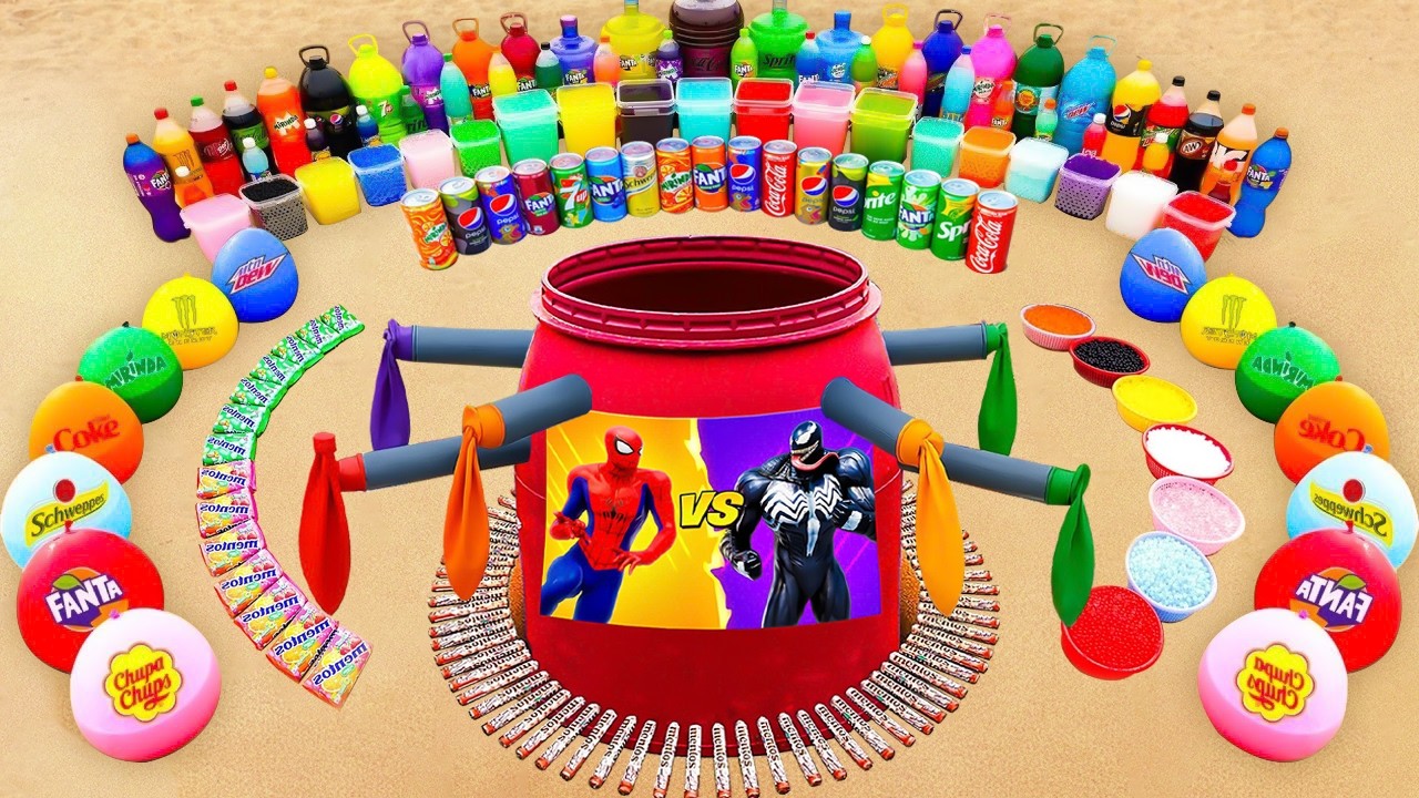 Big Toothpaste Eruption from SPIDERMAN VS. VENOM Cement, Fanta, Mtn Dew, Coca cola vs Mentos