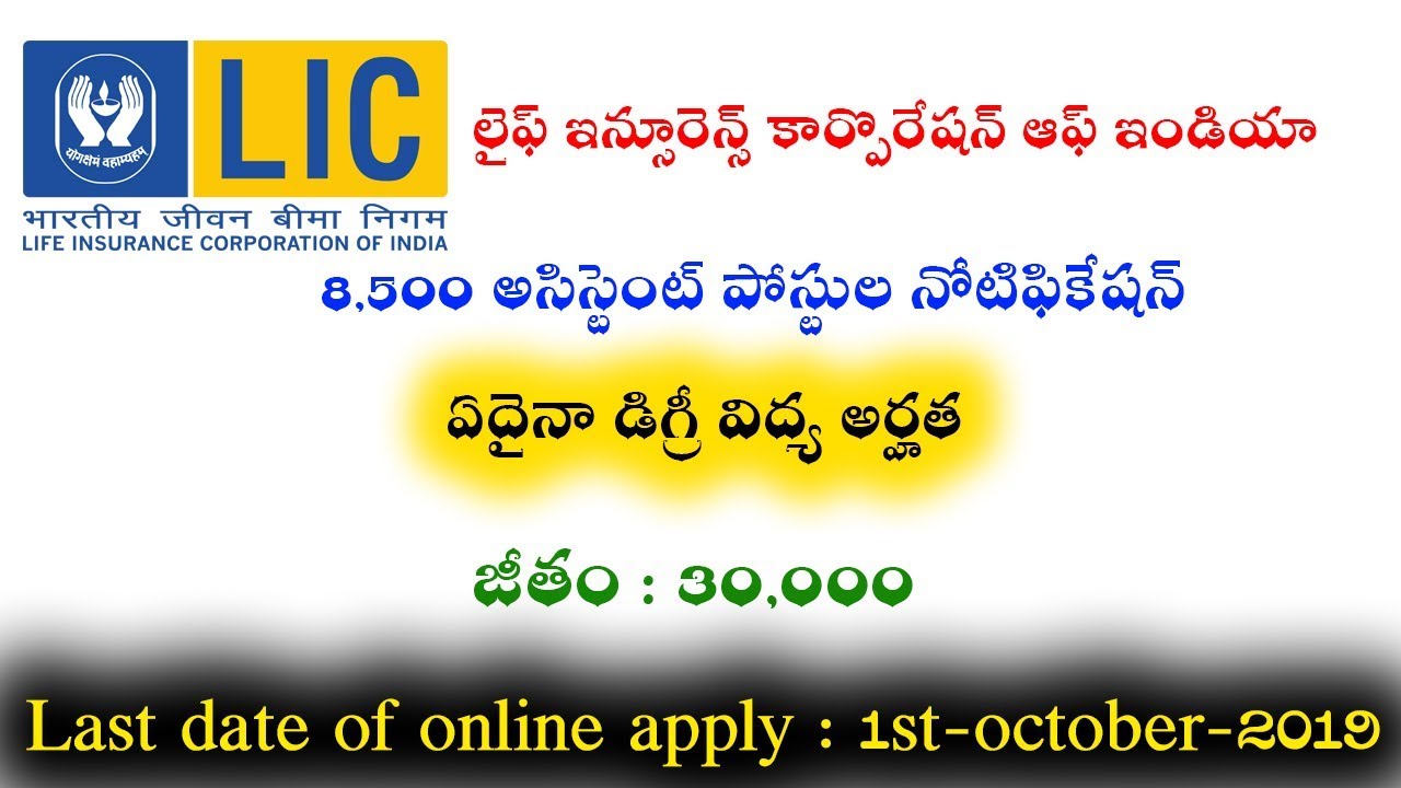 Life Insurance Corporation Of India 8500 Assistant Posts Notification 2019 || LIC Jobs Recruitment