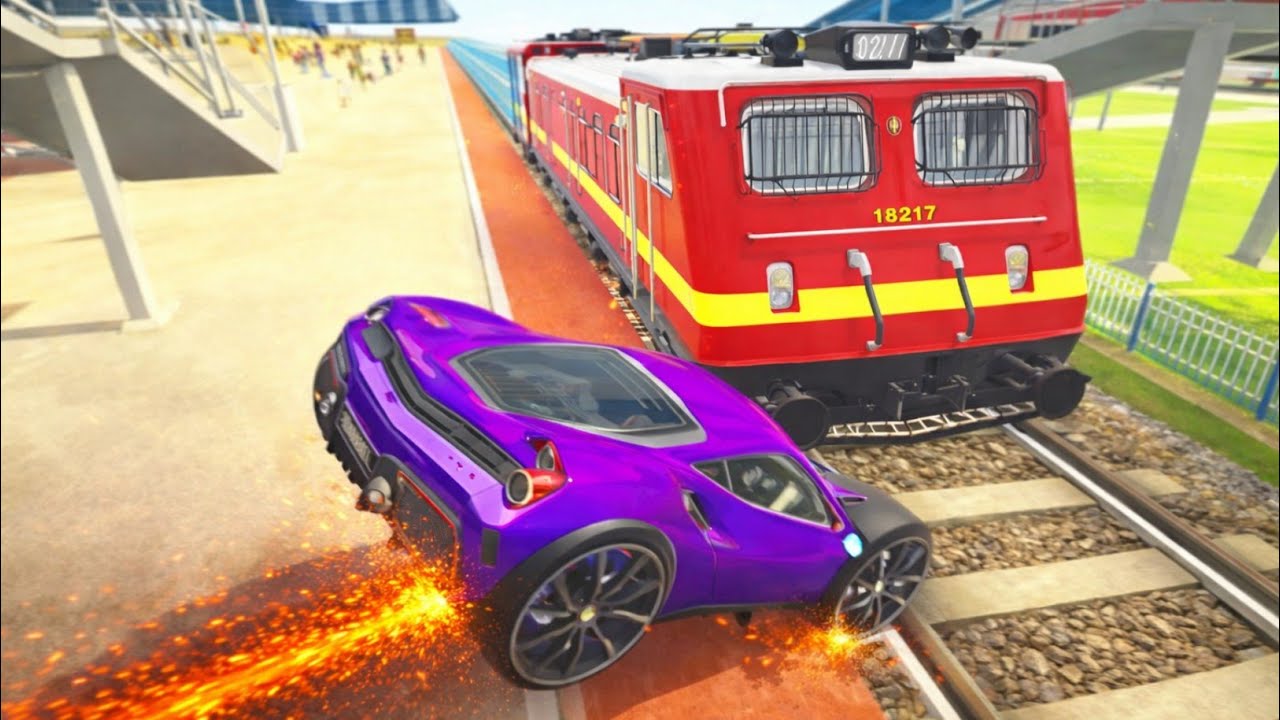 Railway Station पर Purple Sports Car 🚗💜  Train के सामने किया Dangerous Jump! 🚆😱🔥