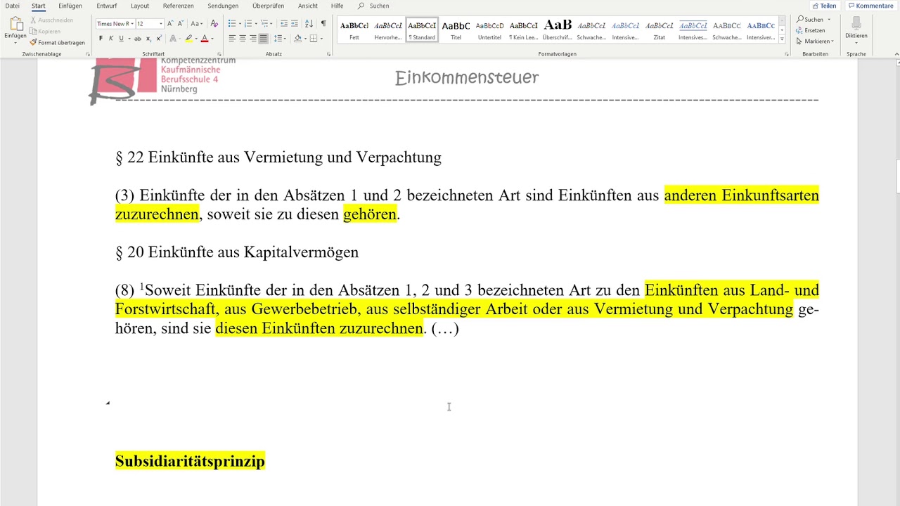 Subsidiaritätsprinzip in der Einkommensteuer