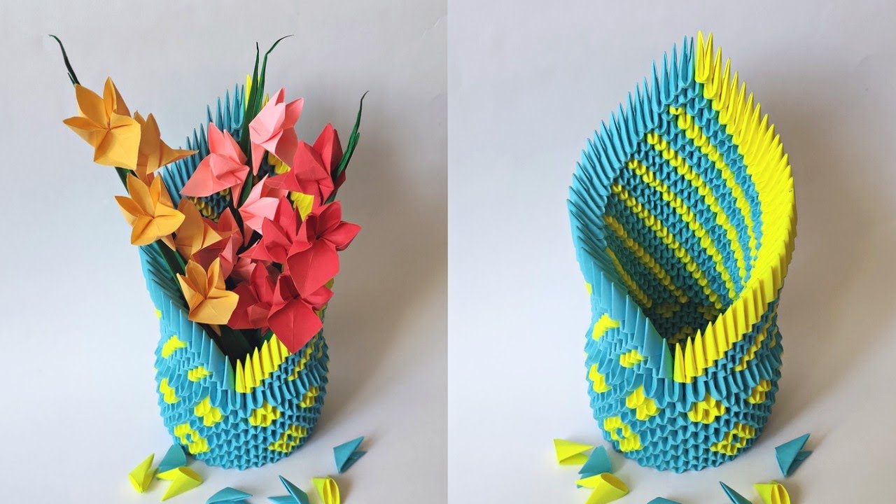 3D origami YELLOW-BLUE VASE | How to make a modular origami vase