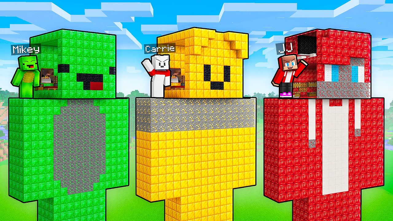 JJ vs Mikey vs Carrie: TREASURE HEAD STATUE BASE BATTLE in Minecraft - Maizen