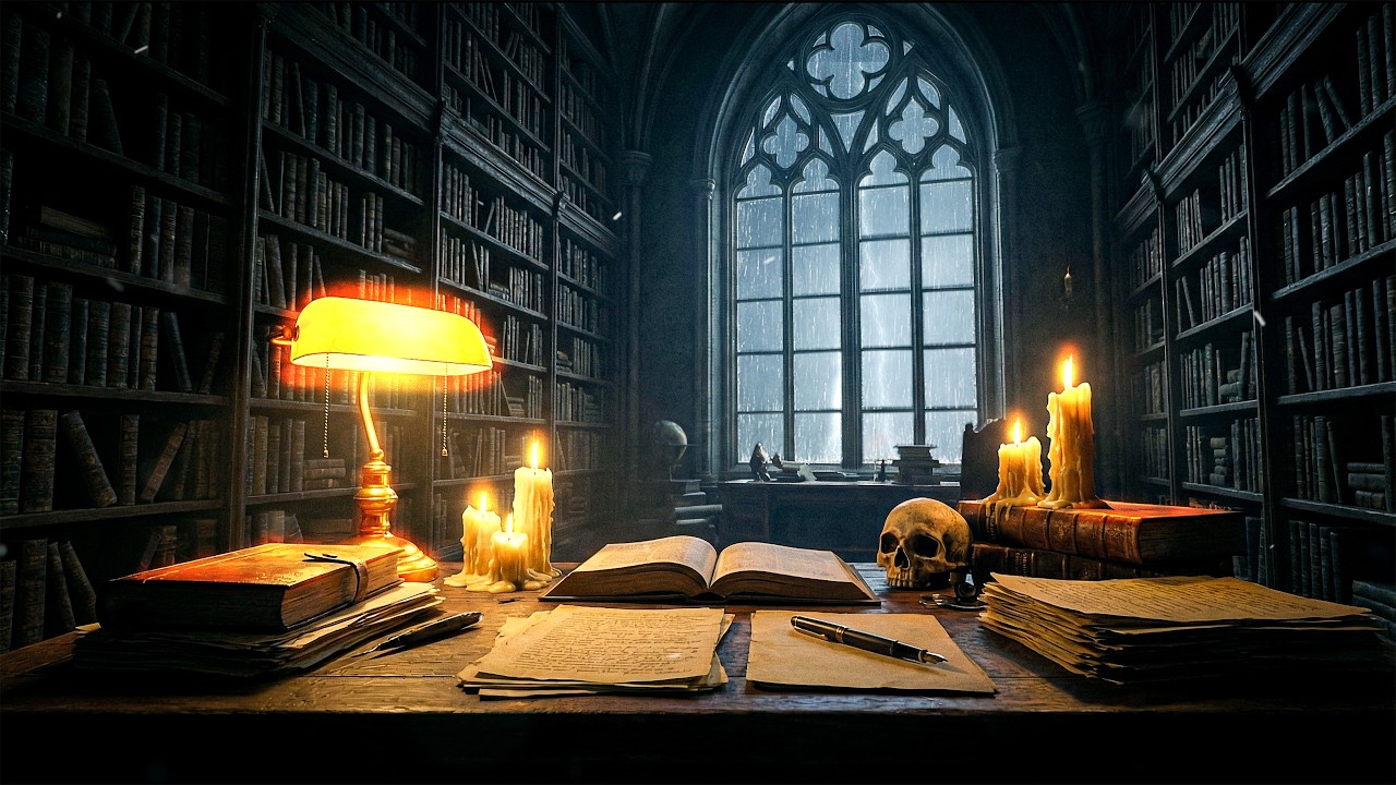 Dark Academia Library Ambience ⛈️ Heavy Rain, Thunder & Slow Cello | Deep Focus & Study 4K
