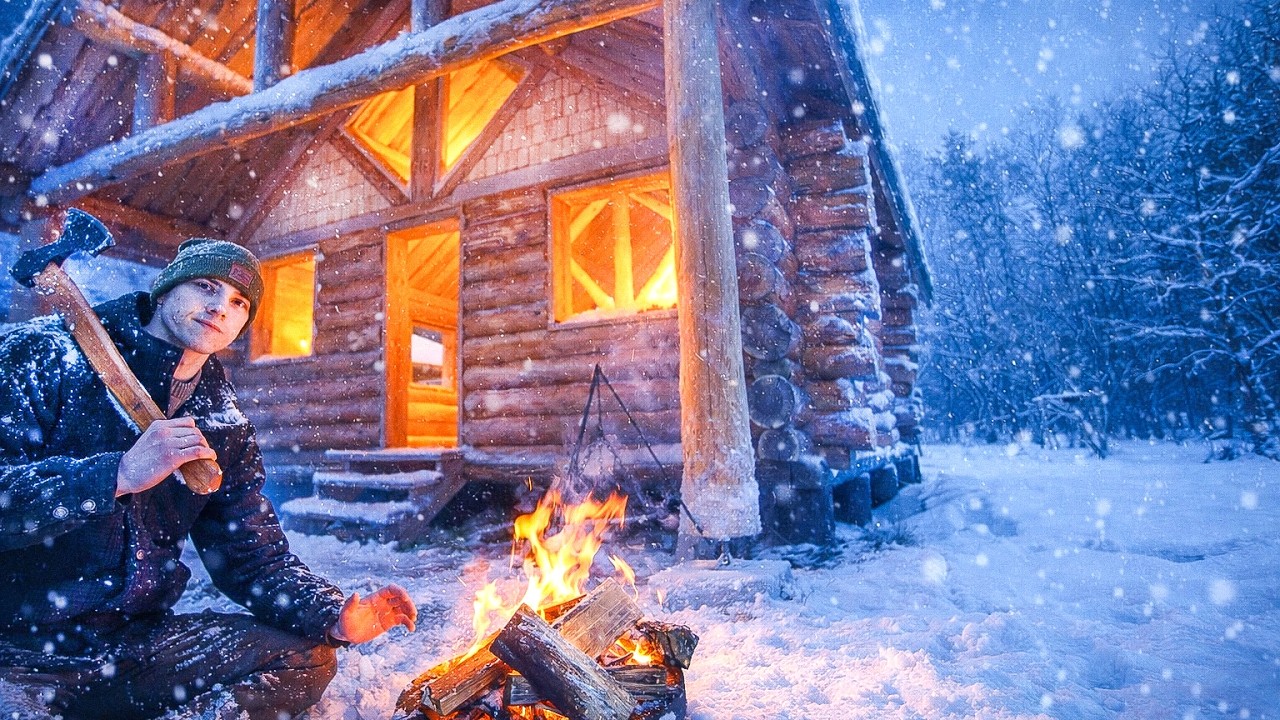Building a Log Cabin During a Wicked Winter Snowstorm