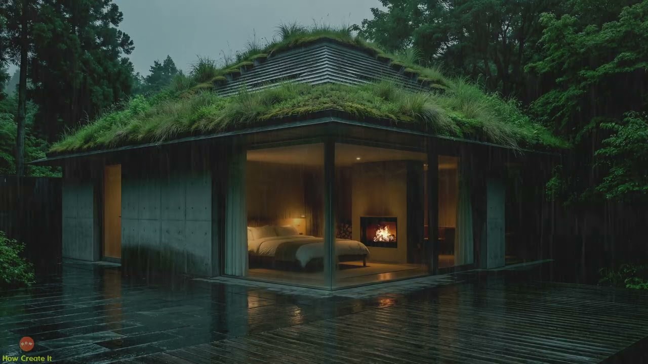 Gentle Evening Rainfall, Cozy Bed and Fireplace for Anxiety Relief in a Grass Roof Woodland House