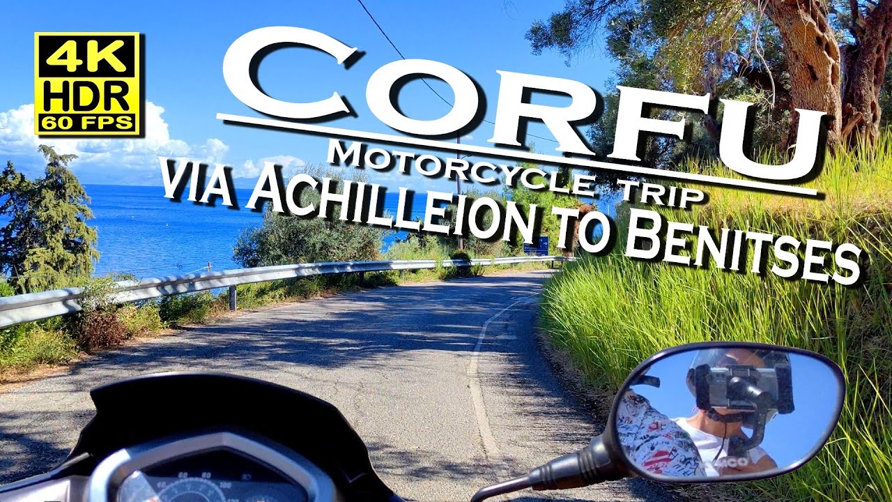 Corfu Motorcycle trip via Achilleion to Benitses, Greece 4K 60fps HDR 💖 Best places 👀 Motorbike trip