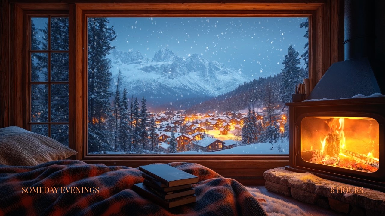 Snowy Mountain Village & Fireplace — 8 Hours | Cozy Winter Cabin Ambience for Sleep & Study