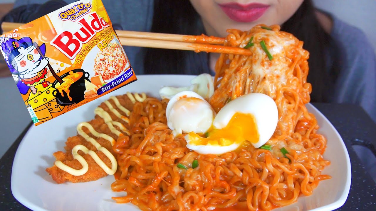 Eating BULDAK QUATTRO CHEESE FIRE NOODLES | 2 SOFT BOILED EGGS | CHICKEN PATTY | ASMR WHISPERS