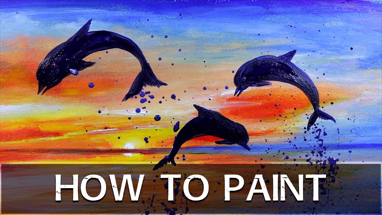 How to Paint an Ocean Sunset with Dolphin Silhouettes (Real Time Painting)