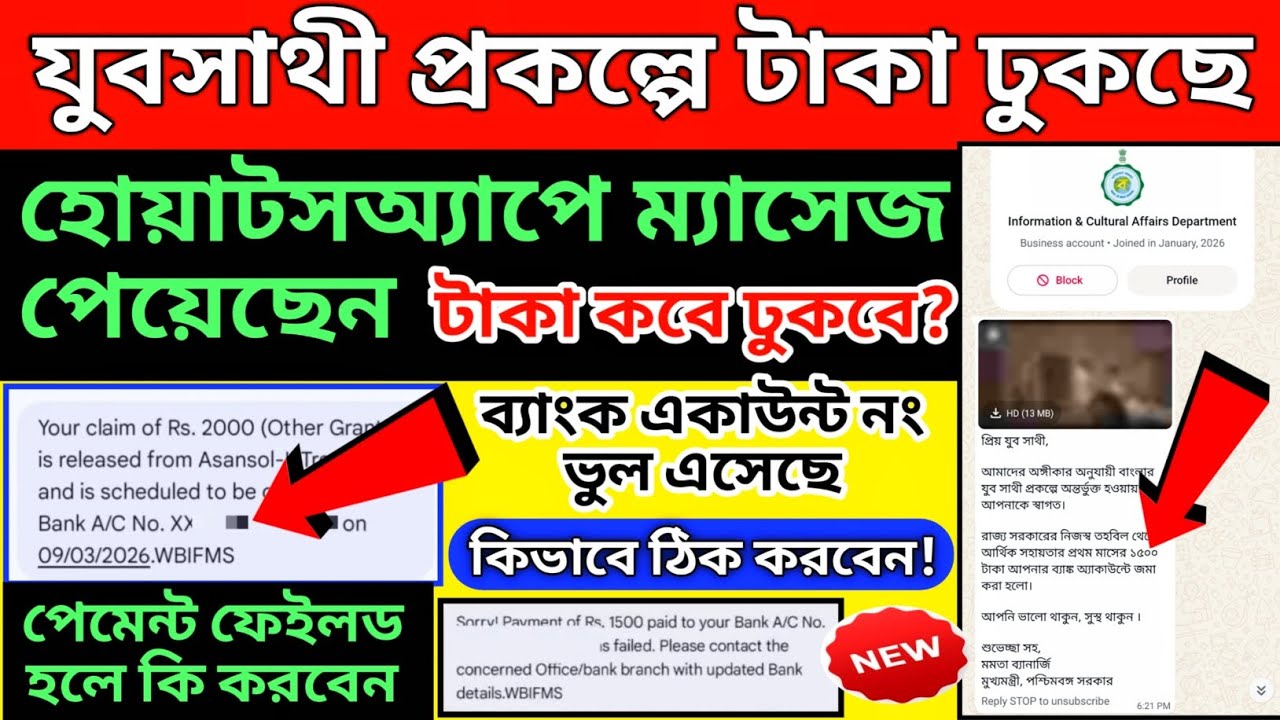 যুবসাথী প্রকল্পে হোয়াটসঅ্যাপে ম্যাসেজ এসেছে, টাকা কবে ঢুকবে, yuba sathi taka kobe dhukbe #jubasathi