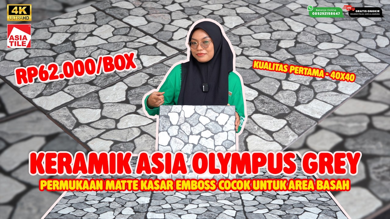 KERAMIK ASIA OLYMPUS GREY - MOTIF BATU ALAM ALAMI 40X40 - KW 1, PERMUKAAN EMBOSS KASAR | Rp62.000/M