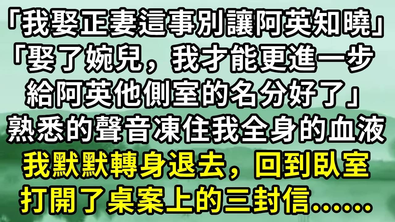 「我娶正妻這事別讓阿英知曉」「娶了婉兒，我才能更進一步，給阿英他側室的名分好了」熟悉的聲音凍住我全身的血液。我默默轉身退去，回到臥室。打開了桌案上的三封信......#小说