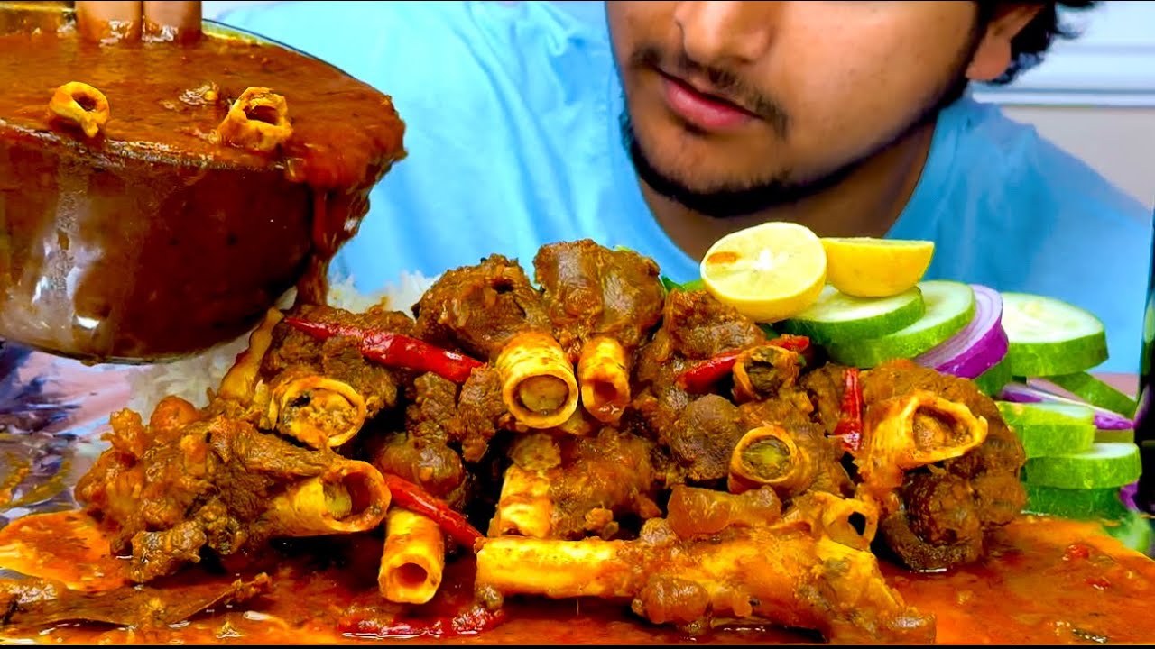 MUKBANG: SPICY MUTTON NALLI & BONE MARROW CURRY WITH RICE AND SPICY CHILLI | Hungry gadwali