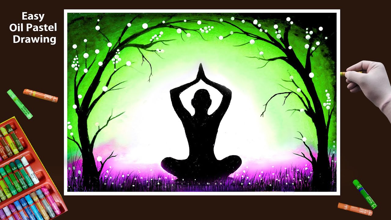 International Yoga Day Drawing with Oil Pastels for beginners || Yoga Day Drawing - Step by Step