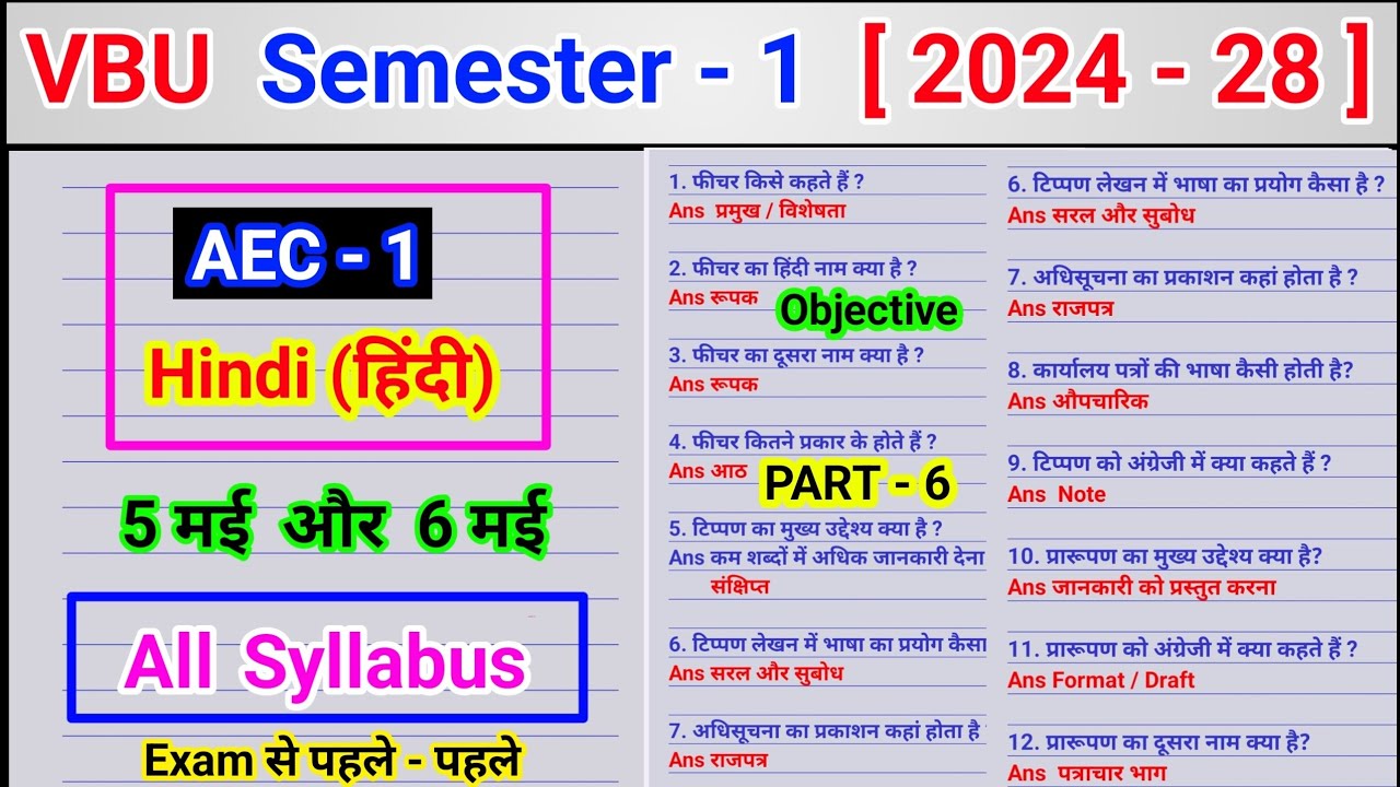 AEC Hindi Important Question MCQ Objective 2024 28 l Vbu Semester 1 aec hindi lekhan Kaushal ka Arth