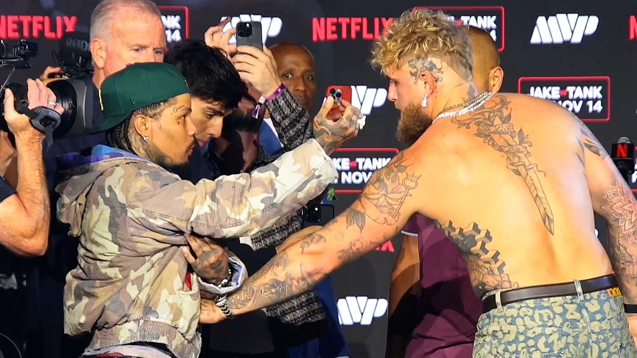 Jake Paul TRIES to size up Gervonta - Tank not having it at First Face Off!