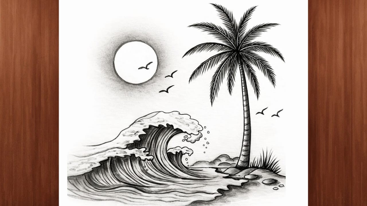 Easy Beach Scenery Pencil Drawing | Ocean Waves & Palm Tree Sketch Tutorial | Realistic Nature Art