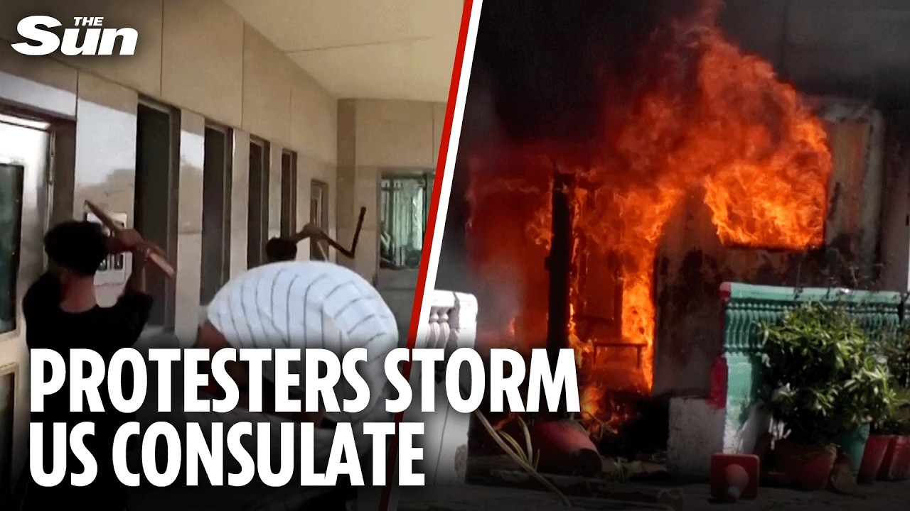 Moment pro-Iranian Pakistanis violently STORM US CONSULATE in Karachi after Ayatollah killed