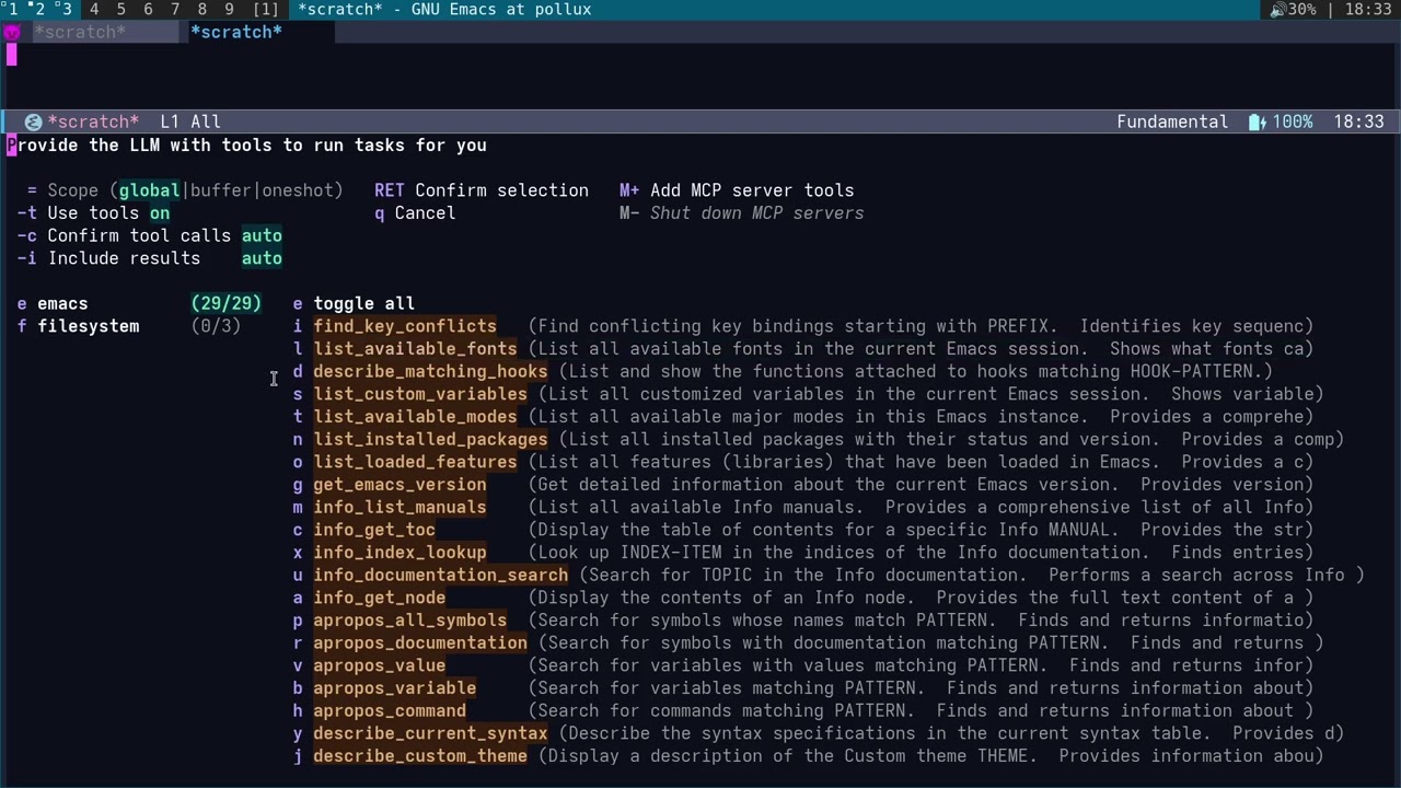 Emacs lisp and gptel building custom llm tools to call emacs functions