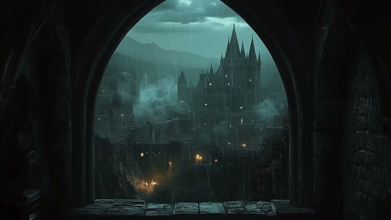 Castle Window Thunderstorm with River Flow 🌙 Cozy Night Ambience for Sleep
