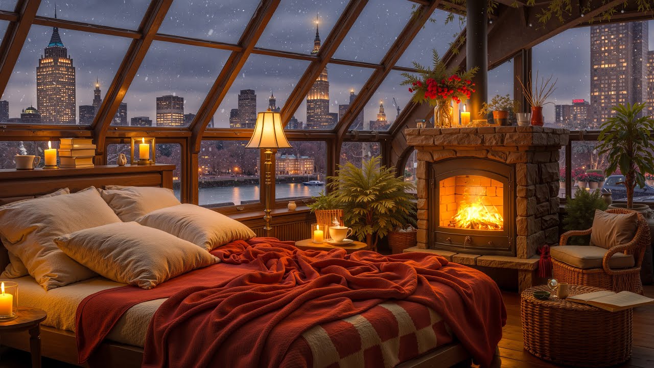 New York Winter Bedroom Jazz ☕ Cozy Fireplace & Relaxing Music for Sleep & Peaceful Nights