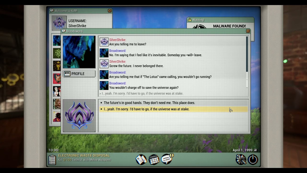 Warframe 1999: Arthur Romance - worries about the Drifter not coming back from the future