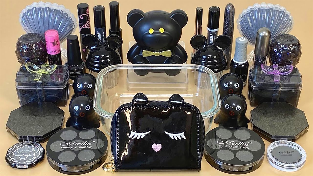 ASMR Slime Black 🖤 Mixing eyeshadow, makeup and glitter into Clear Slime. Relaxing slime video.