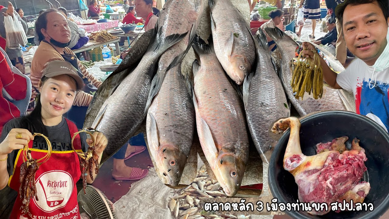 ตลาดเช้าเมืองท่าแขก แขวงคำม่วน สปป.ลาว 2022 หนังเค็ม ปิ้งเอ็น ปลาน้ำโขงหลายคัก
