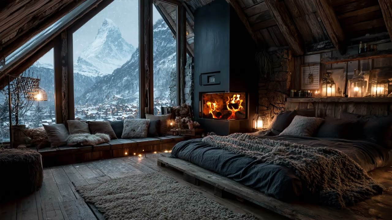 Frozen Nights | Silent Northern Cabin with Soft Fire Crackles & Slow Winter Snow ❄️