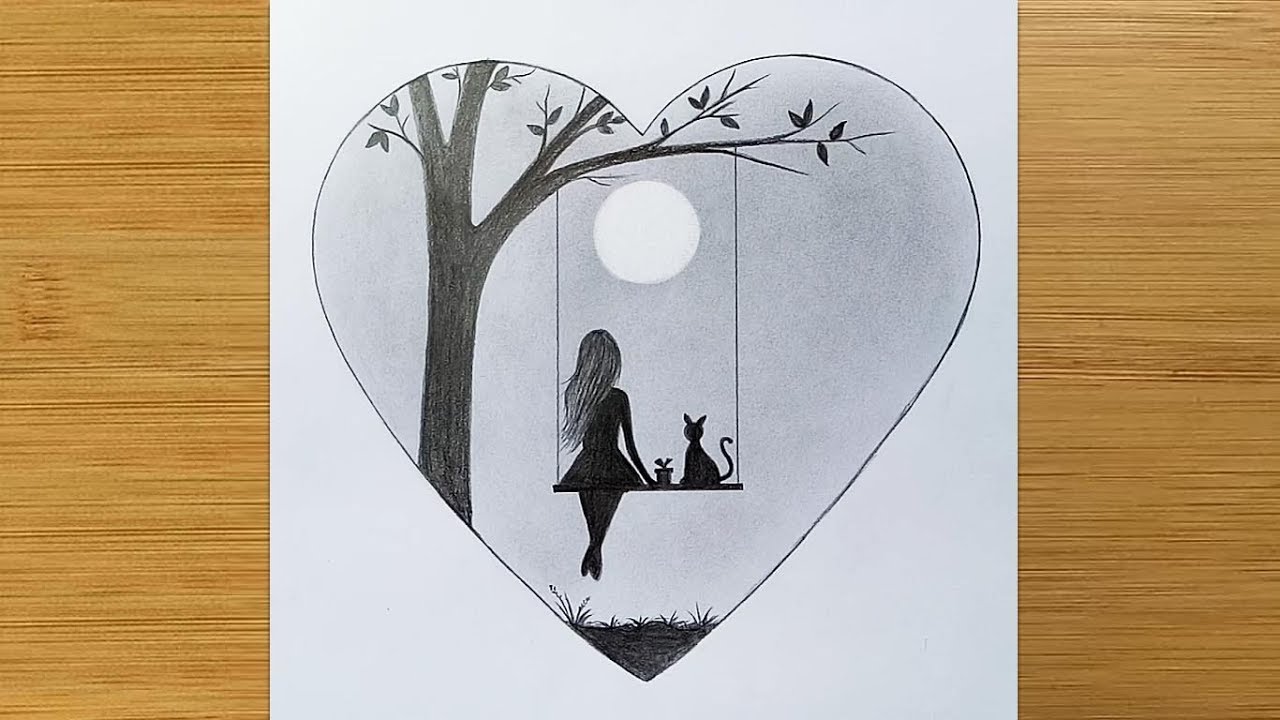 How to draw Alone Girl swinging in a tree -Pencil sketch || Girl on Swing in Moonlight || Art video