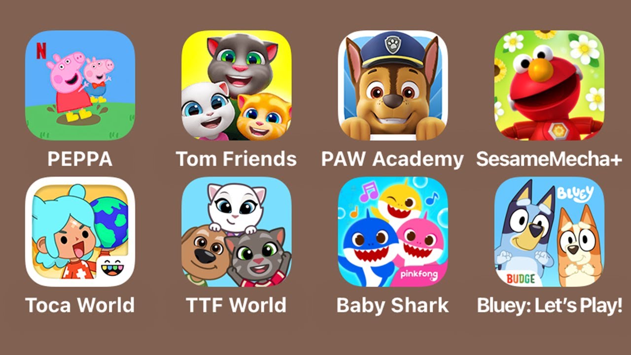 World of Peppa Pig,Talking Tom & Friends,PAWPatrol Academy,Sesame Street,Toca World,Baby Shark,Bluey
