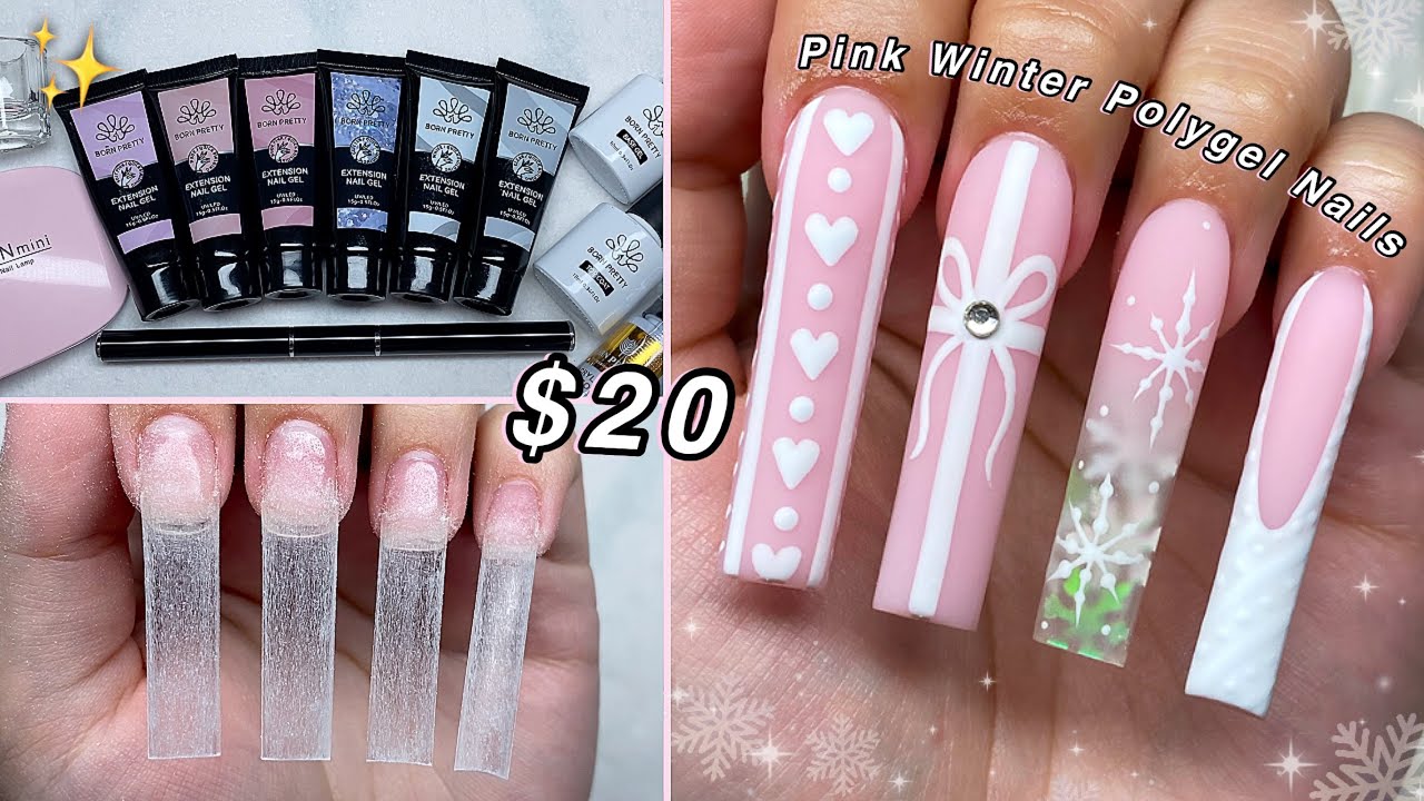 TESTING A HUGE $20 POLYGEL KIT FROM AMAZON! PINK WINTER POLYGEL NAILS | Nail Tutorial