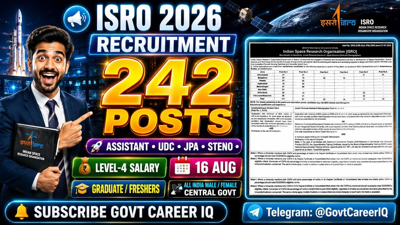 ISRO Recruitment 2026 🔥 | 242 Assistant, UDC, JPA Vacancy | Graduate Jobs | ISRO 242 POST VACANCY 