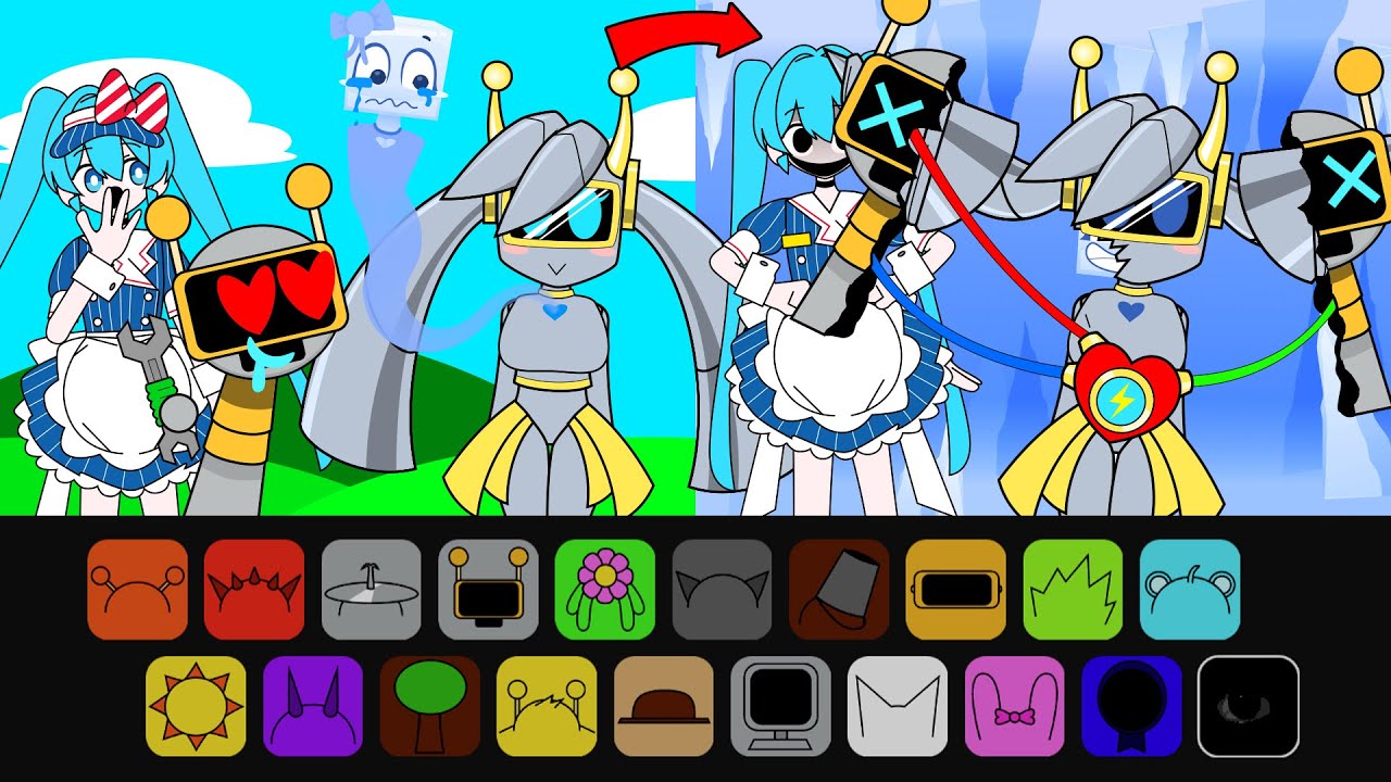 Incredibox Sprunki x Hatsune Miku Sinner Edition, Fun Bot x Miku Robot x Iciella Horror Love Story