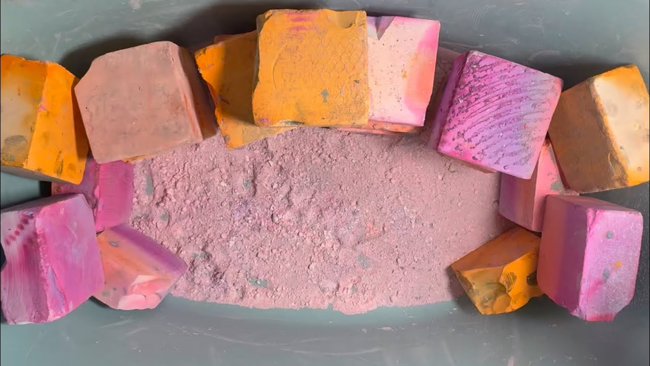 Orange, red and pinky purple dyed gym chalk blocks crush asmr 