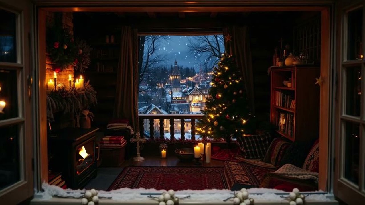 A Window of Christmas - Winter Cabin Fireplace