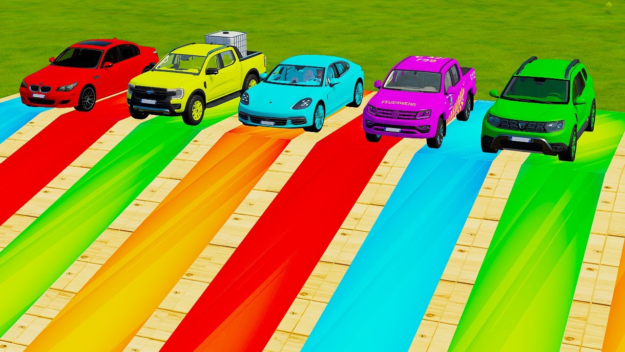 TRANSPORTING FIVE COLOR CARS BMV I6, FORD, PORSCHE911, VOLKSWAGEN, DUSTER - Farming Simulator 22