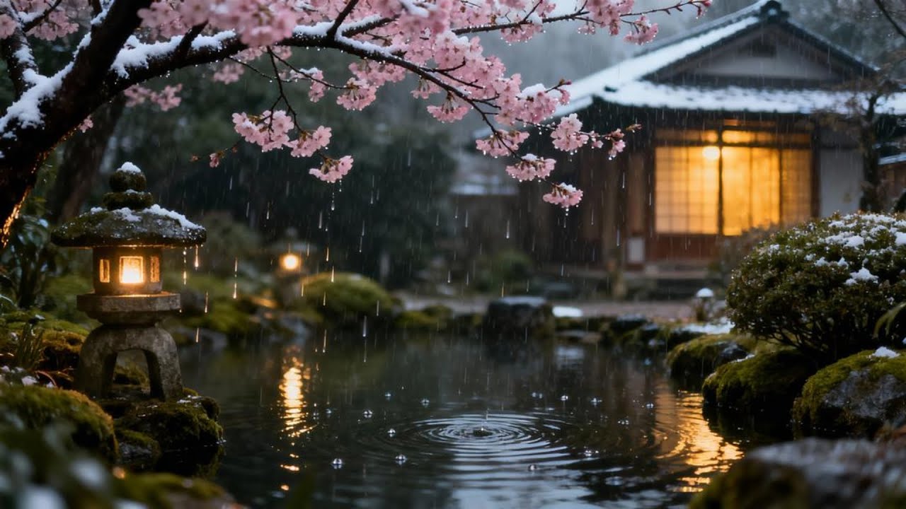 Gentle Rain with Piano Sounds and Sakura Trees by a Wooden Home