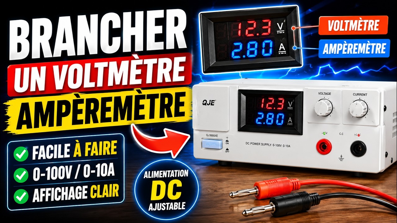 Branchements FACILE voltmetre amperemetre  SUR UNE ALIMENTATION Aliexpress DC 0-100V 0-10A display