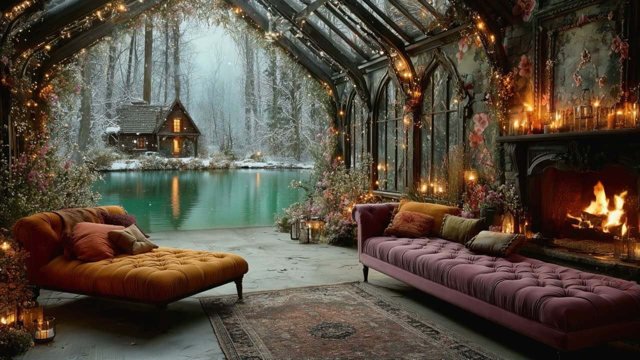 Glass House in Winter ✨ Fairy Lights & Crackling Flames