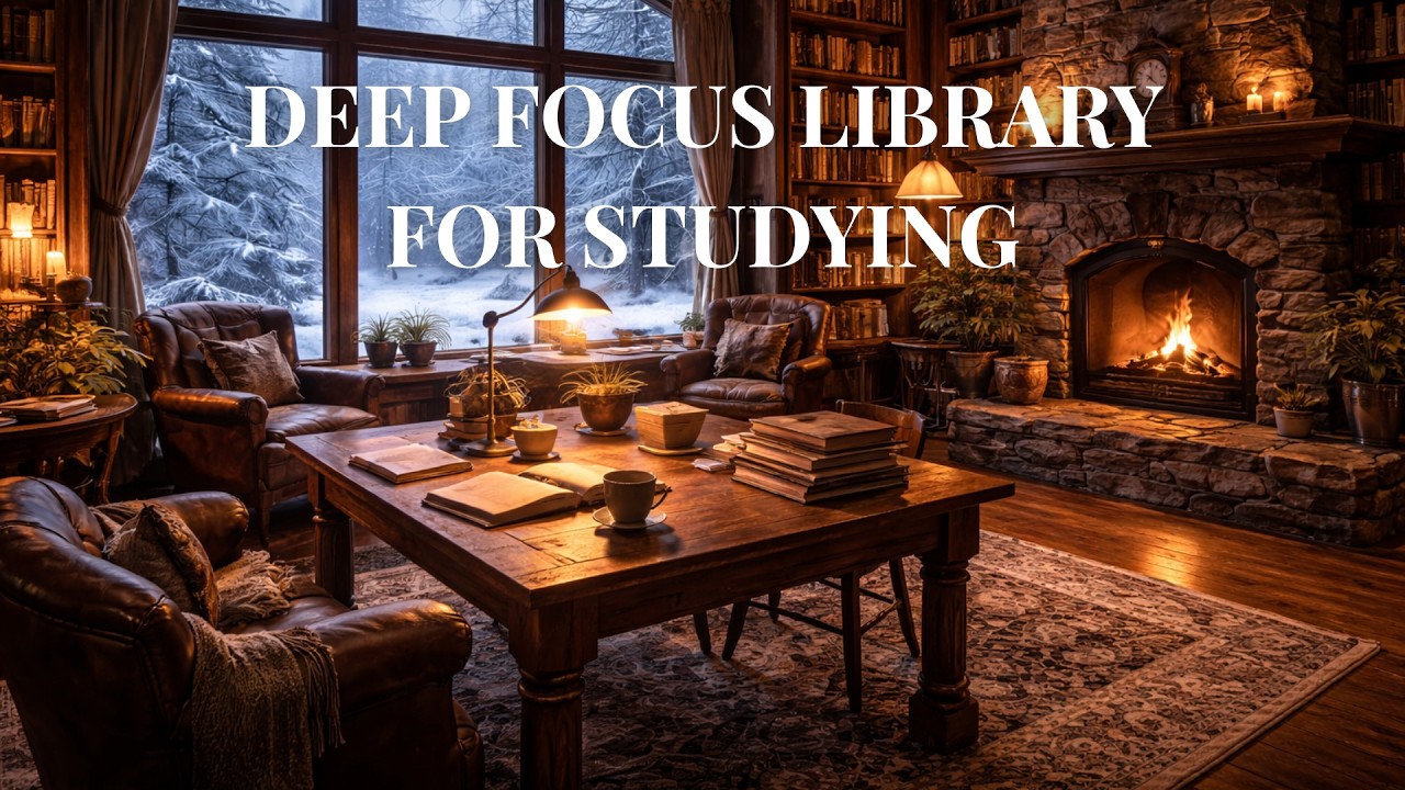 Deep Focus Snowstorm Library 📚 Cozy Fireplace Study Ambience for Studying, Reading & Work